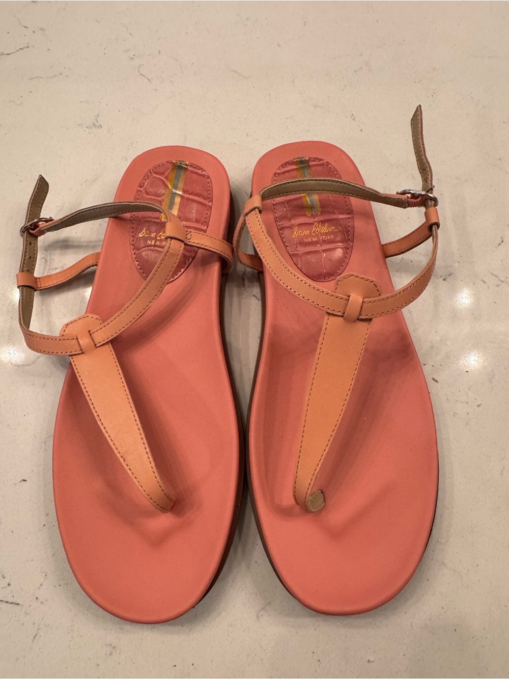 Sam Edelman Coral and Tan T-Strap Sandals - Women